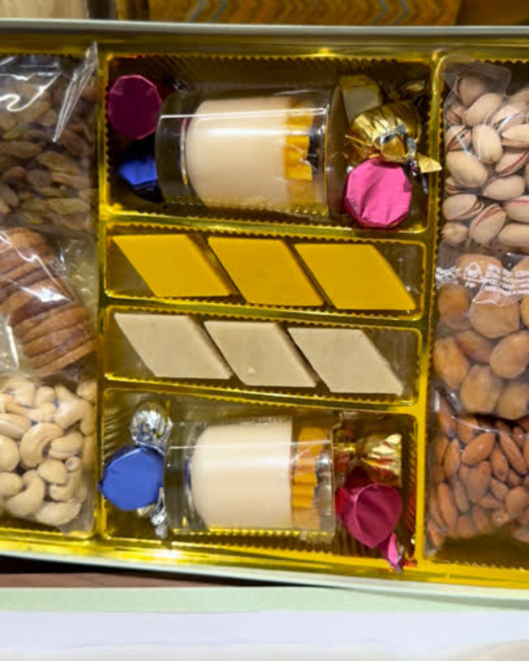Baige Box of Dryfruits, Candles, Mithai & Diya