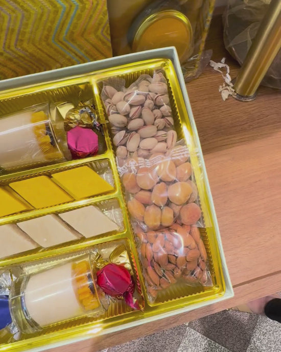 Baige Box of Dryfruits, Candles, Mithai & Diya